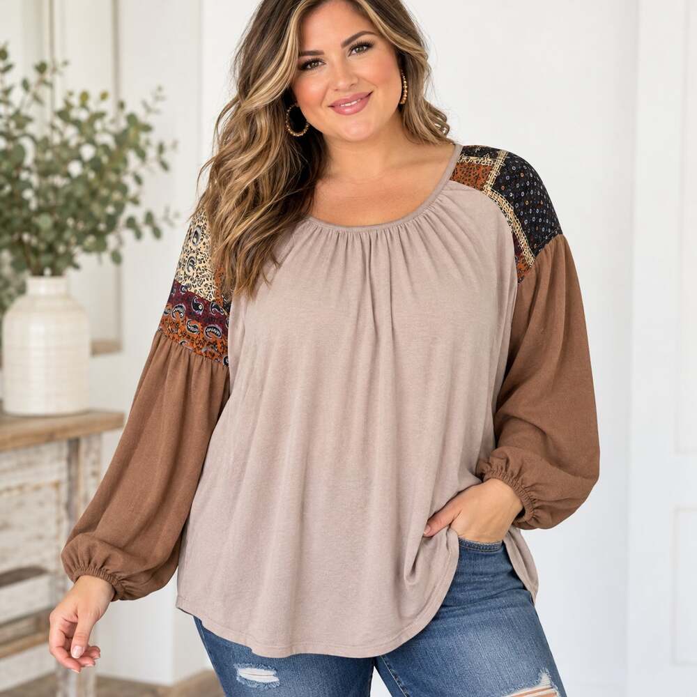 Easel Womens 2X Boho Paisley Patchwork Tunic Top Balloon Sleeve Taupe Brown
